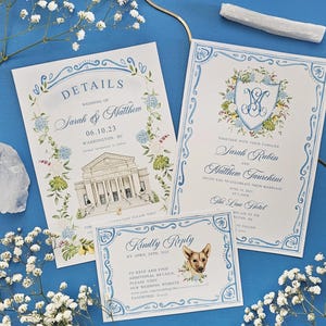 Custom HandPainted Wedding Stationery, Delicate Watercolor Washes, with Wedding Crest, Venue and Dog Illustration, Digital Only