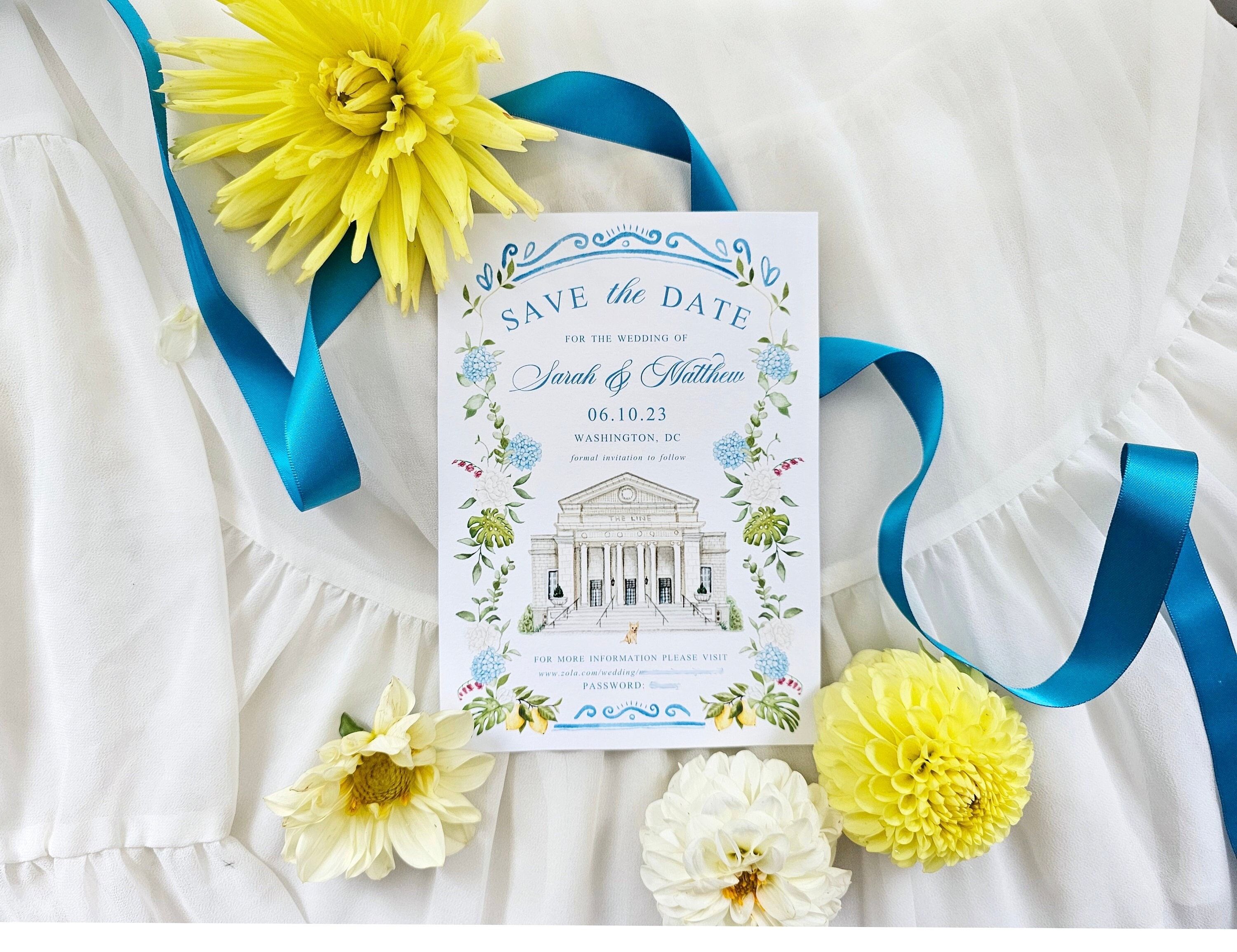 Custom Save the Date, Venue Illustration, Watercolor, White and Blue Hydrangea, Digital Only