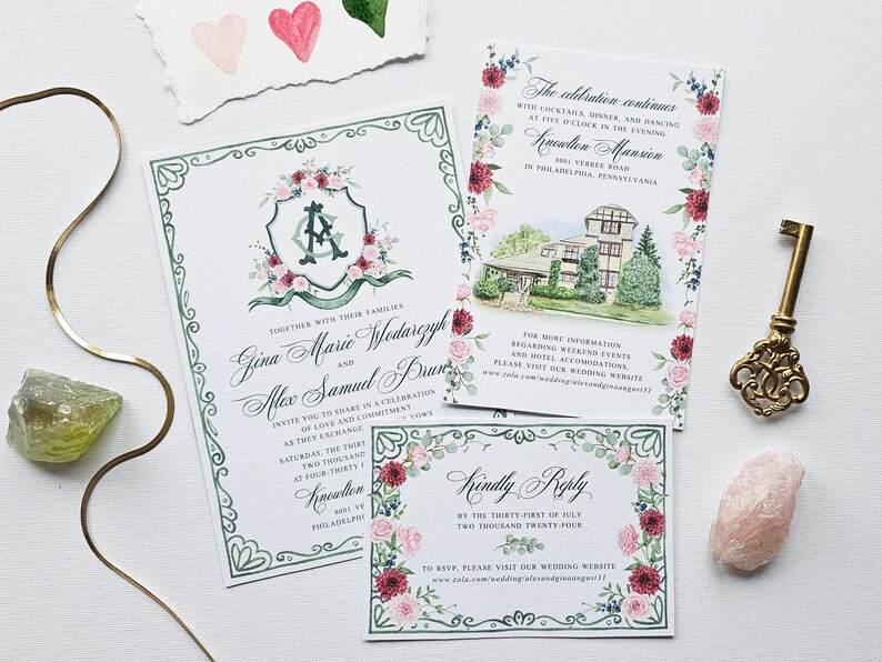 Custom Watercolor Wedding Suite, HandPainted Venue and Wedding Crest, Blue Brush Lettering, Digital Only image 5