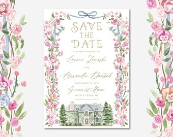 Fairytale Save the Date, Venue Illustration, Pink Roses Border, Blue Bow, Alice in Wonderland, Digital Only