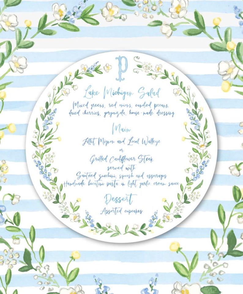 Whimsical Watercolor Circle Menu, HandPainted with Watercolors, Personalized, Digital Only image 1