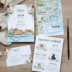 Benutzerdefinierte rustikale Aquarell Hochzeitsreihe, See Hochzeit, Hochzeitskarte, nur digital