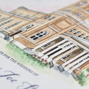 May include: A watercolor illustration of a church with a white facade and brown brick accents. The church has a large front entrance with columns and a set of stairs leading up to it. The text "Save the date for the wedding of" is visible at the bottom of the image.