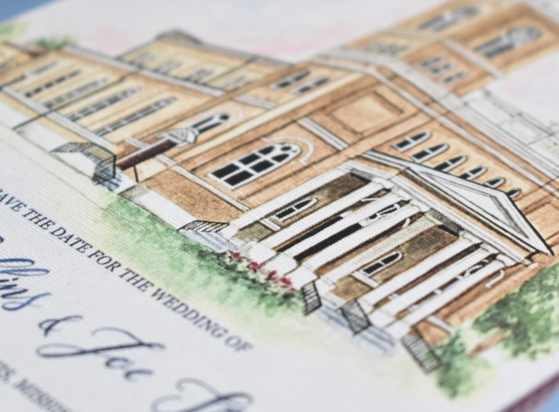 May include: A watercolor illustration of a church with a white facade and brown brick accents. The church has a large front entrance with columns and a set of stairs leading up to it. The text "Save the date for the wedding of" is visible at the bottom of the image.