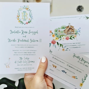 HandPainted Wedding Suite, Watercolor Invitation with Crest and Venue Illustration, Whimsical Stationery, Digital Only