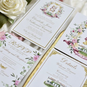 May include: Wedding invitation suite with floral details. The invitation features a watercolor illustration of a villa, a floral wreath, and the couple's names. The RSVP card has a floral border and the text "Wedding and Reception". The details card has a gold border and the text "Details, Welcome Dinner, Ceremony".