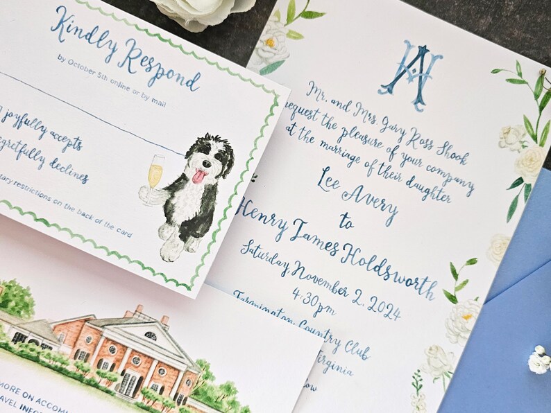 Custom Watercolor Wedding Suite, HandPainted Venue and Wedding Crest, Blue Brush Lettering, Digital Only image 8
