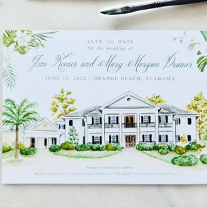 May include: A rectangular save the date card featuring a watercolor illustration of a white two-story house with black shutters. The text reads: SAVE THE DATE for the wedding of Jim Keener and Mary Morgan Dramer JUNE 18, 2022 | ORANGE BEACH, ALABAMA.