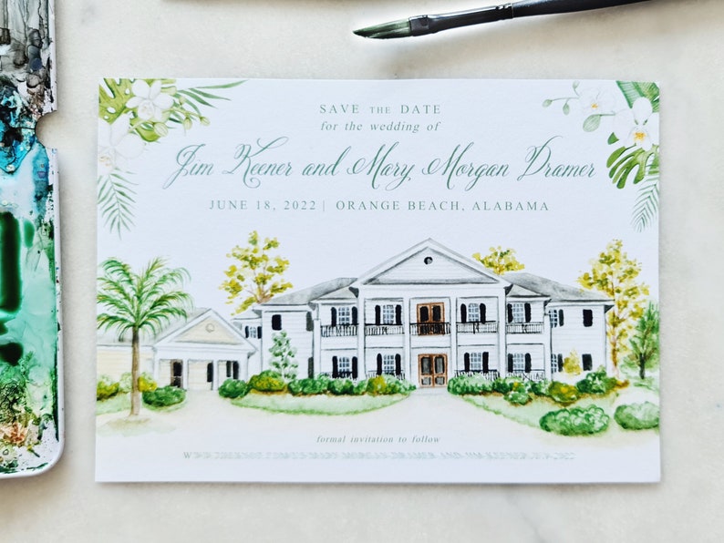 May include: A rectangular save the date card featuring a watercolor illustration of a white two-story house with black shutters. The text reads: SAVE THE DATE for the wedding of Jim Keener and Mary Morgan Dramer JUNE 18, 2022 | ORANGE BEACH, ALABAMA.