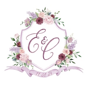 Escudo de boda floral lila pintado a mano, monograma cursivo (solo digital)