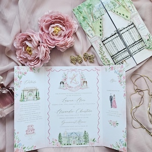 Invito pieghevole, dipinto a mano con acquerello, illustrazione della location, carta da lettere illustrata, matrimonio in stile Regency, solo digitale