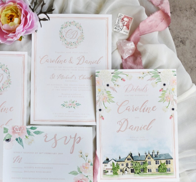 May include: Wedding invitation suite with floral watercolor designs. The main invitation features the couple's names, "Caroline & Daniel", and the details of their wedding ceremony at St. Michael's Church. The RSVP card includes a floral border and a section for guests to indicate their attendance. The details card features a watercolor illustration of a building and the text "Details for the wedding of Caroline and Daniel".