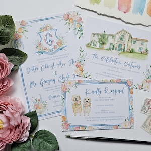 Custom Colorful Watercolor Wedding Suite, HandPainted with Watercolors, Wedding Crest and Venue Illustration, Digital Only