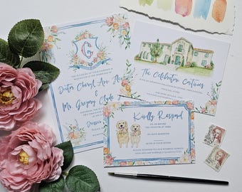 Watercolor Wedding Invitation Set, Floral Crest, Dog Illustration, Custom Venue Painting, Elegant Wedding Stationery