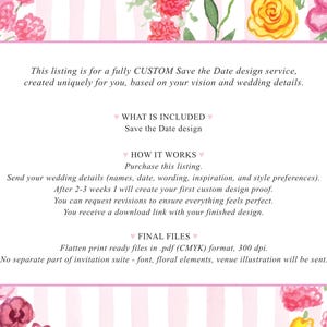 May include: A rectangular graphic featuring a white center panel with black text surrounded by a border of watercolor flowers in shades of pink, yellow, and green. The text outlines a custom Save the Date design service, including sections for what is included, how it works, and final files.