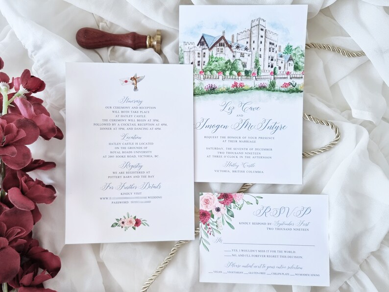May include: Wedding invitation suite with a watercolor illustration of Hatley Castle in Victoria, British Columbia. The invitation features a floral design with pink, red, and white flowers. The text on the invitation reads "Liz Cave and Imogen McTye, Request the honor of your presence at their marriage, Saturday, the seventh of December, two thousand nineteen, at three o'clock in the afternoon, Hatley Castle, Victoria, British Columbia".