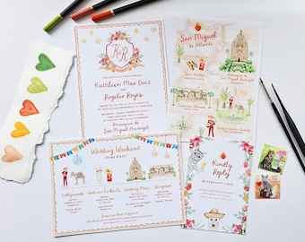 Invitación de boda en acuarela, mapa de San Miguel de Allende, itinerario de boda personalizado, diseño pintado a mano