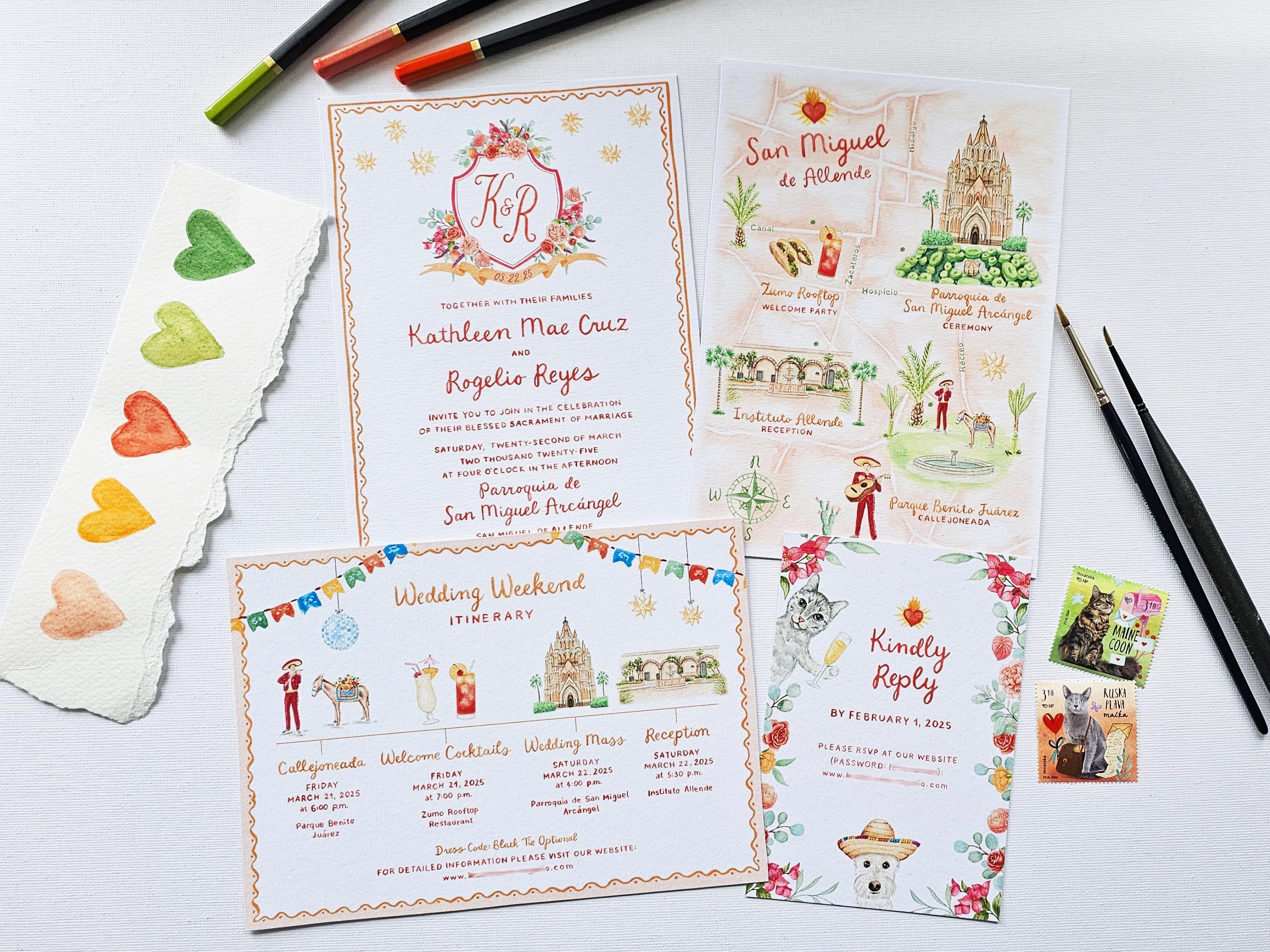 Bespoke Watercolor Wedding Stationery, San Miguel de Allende, Wedding Map, Destination Wedding in Mexico, Digital Only