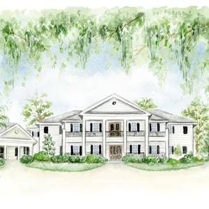 May include: Watercolor painting of a large white house with black shutters and a balcony. The house has a symmetrical design with a central entrance and a garage on the left. Green foliage and a blue sky complete the scene.