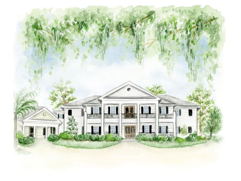 May include: Watercolor painting of a large white house with black shutters and a balcony. The house has a symmetrical design with a central entrance and a garage on the left. Green foliage and a blue sky complete the scene.