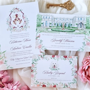 Luxury HandPainted Watercolor Invitation Suite, featuring Wedding Crest, Venue iIllustration and Dog Portrait, Digital Only