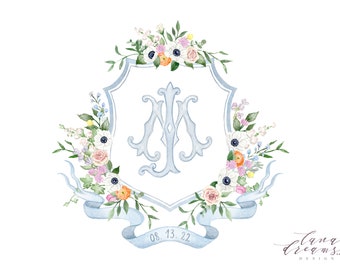 Custom Watercolor Crest with Floral Elements | Digital Only | Wedding Stationery | Monogram