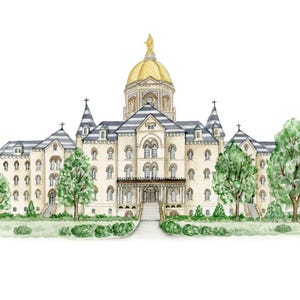 May include: Watercolor painting of a large, ornate building with a gold dome and multiple spires. The building is beige with a gray roof and is surrounded by green trees and bushes. A pathway leads to the entrance.