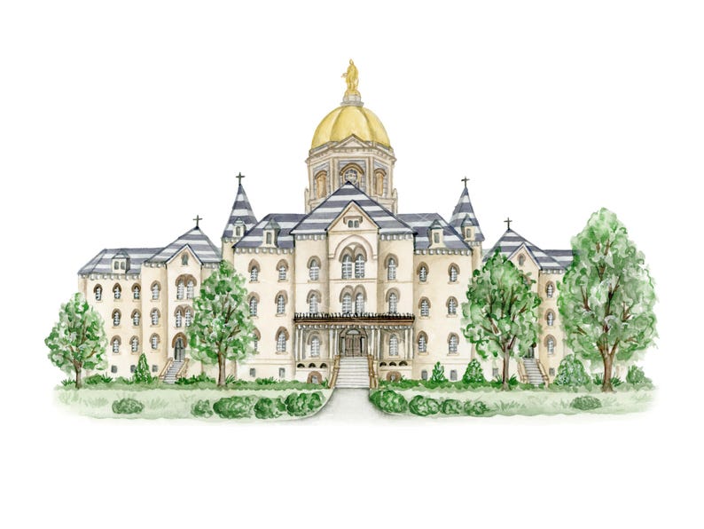 May include: Watercolor painting of a large, ornate building with a gold dome and multiple spires. The building is beige with a gray roof and is surrounded by green trees and bushes. A pathway leads to the entrance.