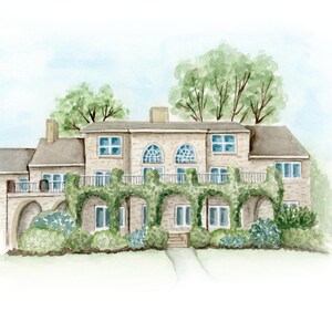 May include: Watercolor painting of a large, two-story house with a light-colored brick facade. The house features multiple windows, arched windows, and a balcony. Green vines and bushes add a natural touch to the building. Trees and a blue sky are in the background.