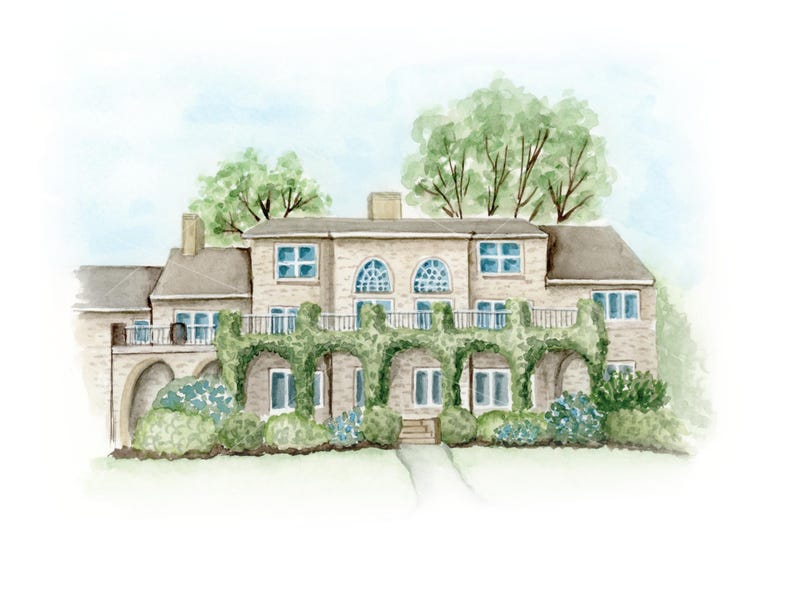 May include: Watercolor painting of a large, two-story house with a light-colored brick facade. The house features multiple windows, arched windows, and a balcony. Green vines and bushes add a natural touch to the building. Trees and a blue sky are in the background.