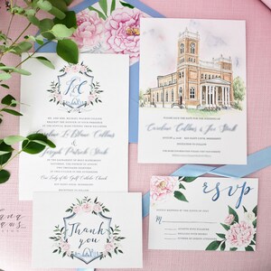 May include: Wedding invitation suite with floral designs. The main invitation features a watercolor illustration of a church with the text "Caroline Collins & Joe Stock". The RSVP card has a floral design and the text "RSVP".