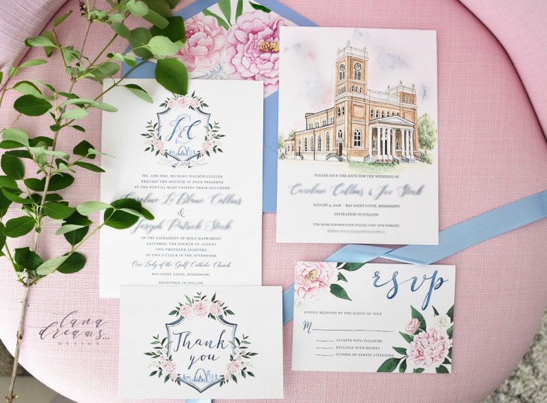 May include: Wedding invitation suite with floral designs. The main invitation features a watercolor illustration of a church with the text "Caroline Collins & Joe Stock". The RSVP card has a floral design and the text "RSVP".