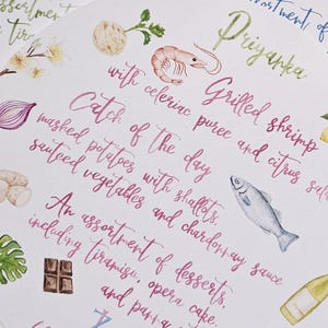 May include: A watercolour illustration of a menu for a restaurant called "Priyanka". The menu features a "Catch of the Day" with mashed potatoes, sauteed vegetables, and chardonnay sauce. It also includes grilled shrimp with celeriac puree and citrus salad. The menu also includes an assortment of desserts, including tiramisu, opera cake, and pastry.