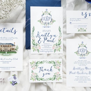 May include: Wedding invitation suite with watercolor floral designs in shades of blue, pink, and green. The invitation features the couple's monogram, "KRP", and the text "Kaitlyn & Paul". The details card includes a watercolor illustration of a building and the text "River Oaks Country Club". The RSVP card features the text "RSVP" and a floral design. The thank you card features a floral wreath and the text "Thank you".