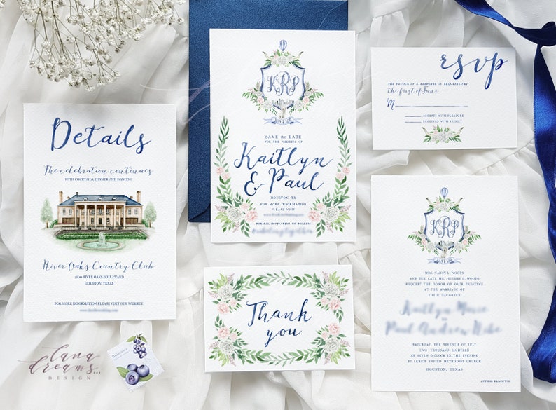 May include: Wedding invitation suite with watercolor floral designs in shades of blue, pink, and green. The invitation features the couple's monogram, "KRP", and the text "Kaitlyn & Paul". The details card includes a watercolor illustration of a building and the text "River Oaks Country Club". The RSVP card features the text "RSVP" and a floral design. The thank you card features a floral wreath and the text "Thank you".