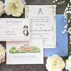 Custom Watercolor Wedding Suite, HandPainted Venue and Wedding Crest, Blue Brush Lettering, Digital Only image 7
