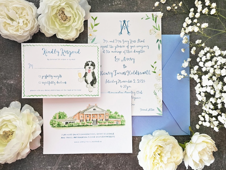 Custom Watercolor Wedding Suite, HandPainted Venue and Wedding Crest, Blue Brush Lettering, Digital Only image 7