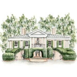 May include: Watercolor illustration of a stately home with a symmetrical design. The house features a white facade, green shutters, and a gray roof. Lush green hedges and trees frame the house, with a curved staircase leading to the entrance.