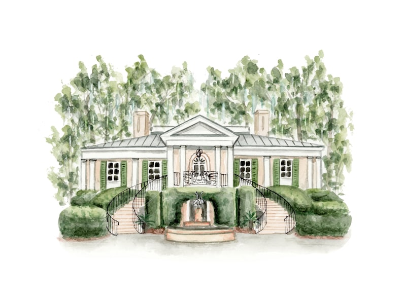 May include: Watercolor illustration of a stately home with a symmetrical design. The house features a white facade, green shutters, and a gray roof. Lush green hedges and trees frame the house, with a curved staircase leading to the entrance.