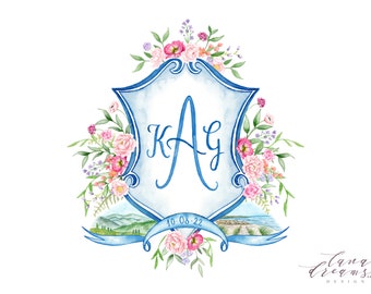 Custom Wedding Crest | Digital Only | Handpainted Monogram with Venue Illustrations