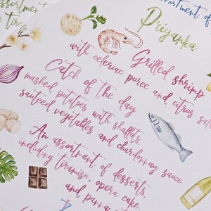 May include: A watercolour illustration of a menu for a restaurant called "Priyanka". The menu features a "Catch of the Day" with mashed potatoes, sauteed vegetables, and chardonnay sauce. It also includes grilled shrimp with celeriac puree and citrus salad. The menu also includes an assortment of desserts, including tiramisu, opera cake, and pastry.