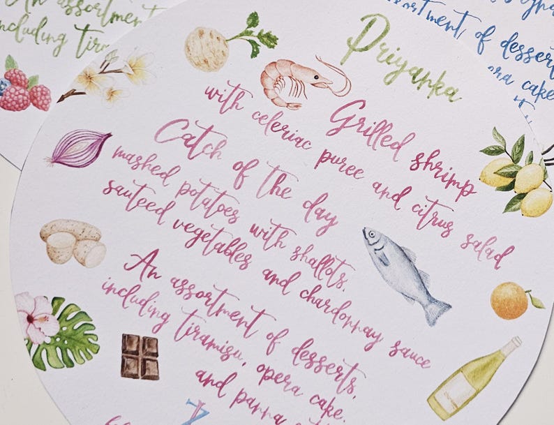 May include: A watercolour illustration of a menu for a restaurant called "Priyanka". The menu features a "Catch of the Day" with mashed potatoes, sauteed vegetables, and chardonnay sauce. It also includes grilled shrimp with celeriac puree and citrus salad. The menu also includes an assortment of desserts, including tiramisu, opera cake, and pastry.