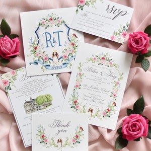 Custom Wedding Suite | Digital Only | Hand Painted Watercolor Flowers | with Wedding Venue Illustration | Roses and Dog Illustration