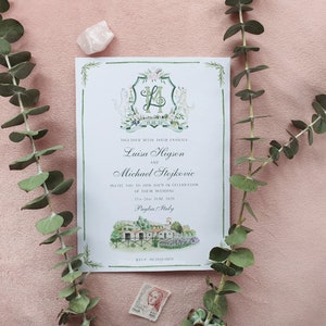 May include: A white wedding invitation card featuring a green border, a central crest with the initials LM, a watercolor illustration of a building with lavender, and text reading Luisa Higson and Michael Stojkovic, 19.06.20, Puglia, Italy.