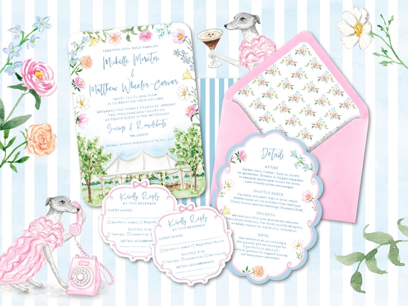 Custom Watercolor Wedding Suite, HandPainted Venue and Wedding Crest, Blue Brush Lettering, Digital Only image 6