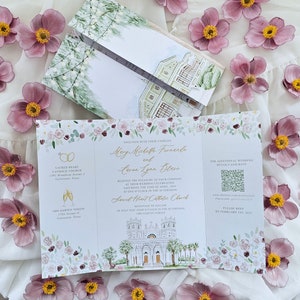 Invitación de boda con ilustración de acuarela personalizada, formato desplegable floral (solo digital)