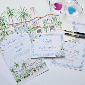 Custom Watercolor Wedding Suite, HandPainted Venue and Wedding Crest, Blue Brush Lettering, Digital Only image 1