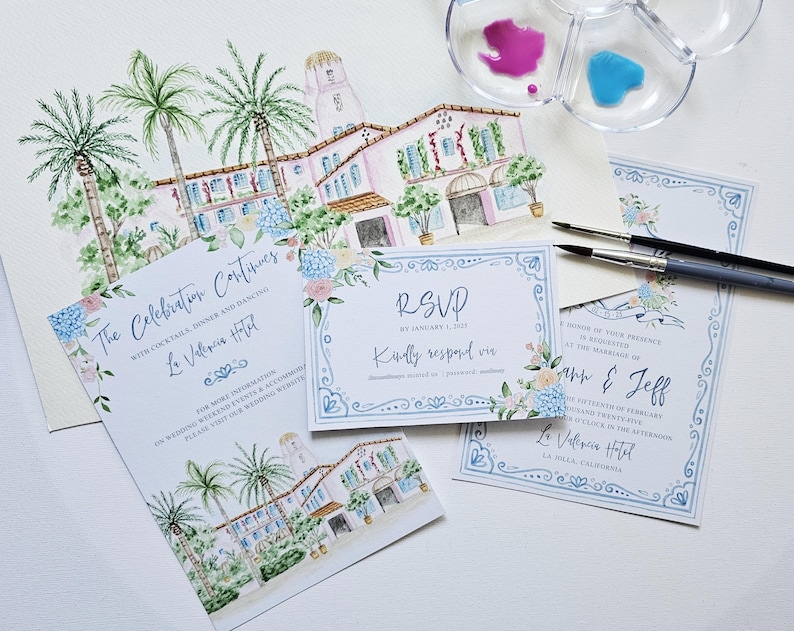 Custom Watercolor Wedding Suite, HandPainted Venue and Wedding Crest, Blue Brush Lettering, Digital Only image 1
