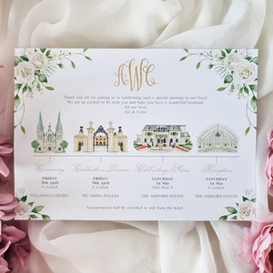 Itinerario ilustrado en acuarela, cronograma de boda, ilustración del lugar, elementos florales, programa de boda (solo digital)