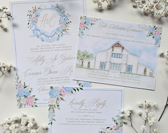 Unique Watercolor Wedding Stationery, HandPainted with Delicate Watercolors, Digital Only